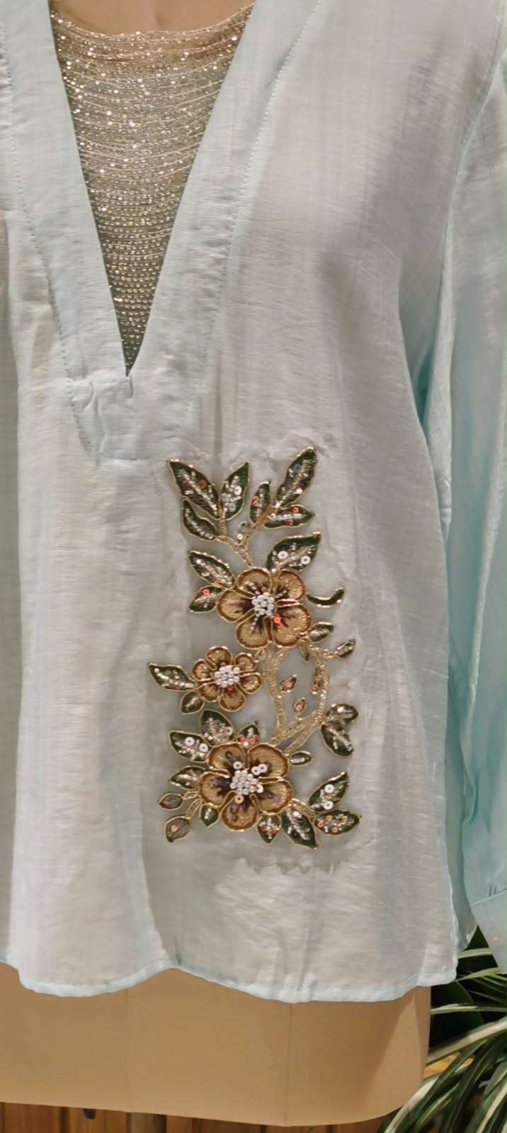 Elegant Floral Embroidery Patched Shimmer Jewel Imported Western Only Top- 16164
