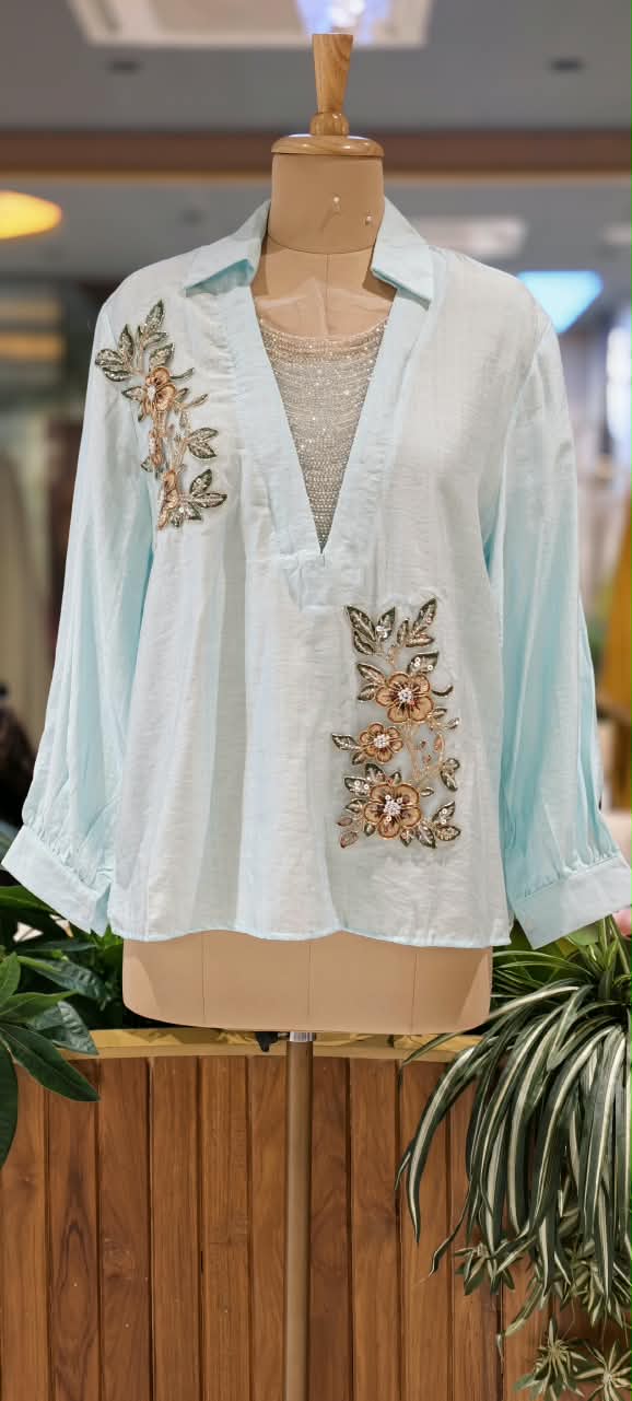Elegant Floral Embroidery Patched Shimmer Jewel Imported Western Only Top- 16164