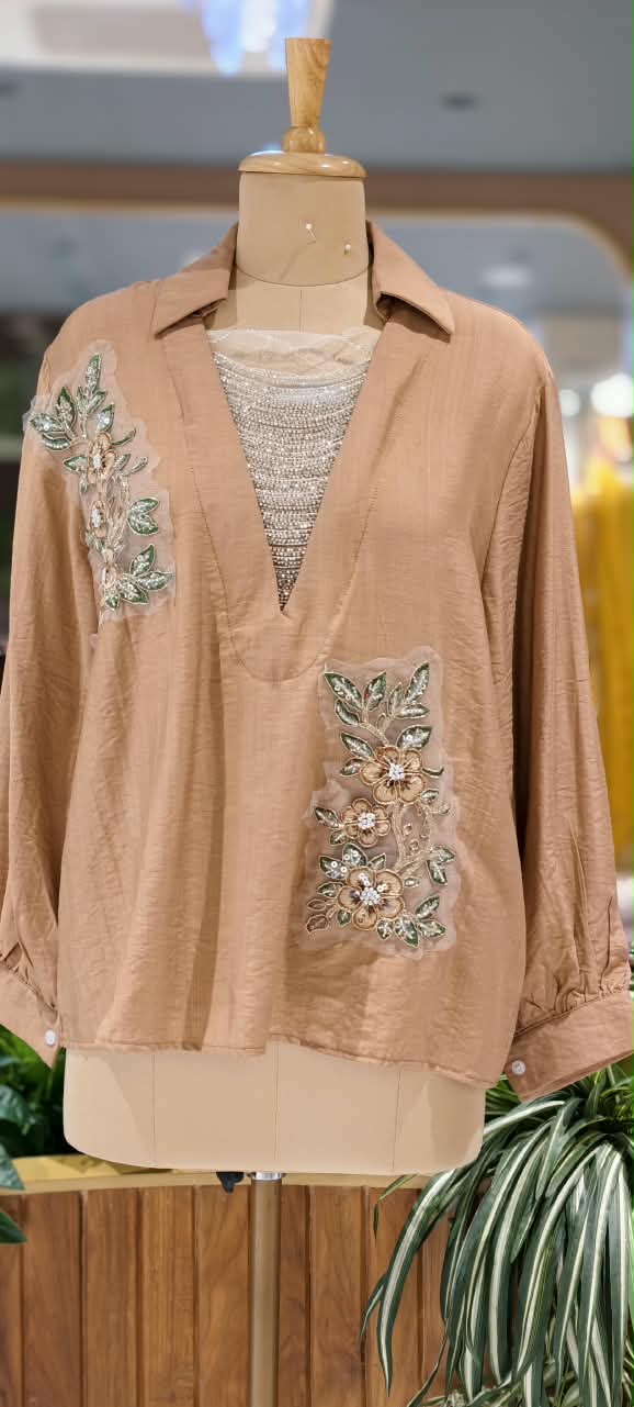 Elegant Floral Embroidery Patched Shimmer Jewel Imported Western Only Top- 16164