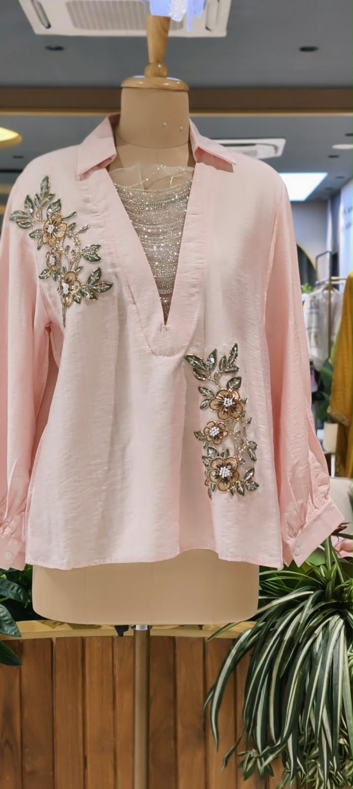 Elegant Floral Embroidery Patched Shimmer Jewel Imported Western Only Top- 16164