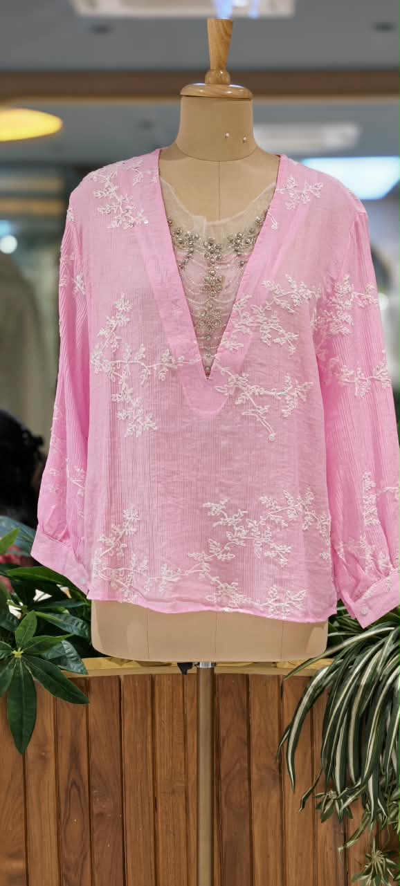 Floral Sheer Embroidery Syroski Stone Jewel Front Work Imported Western Top- 16172