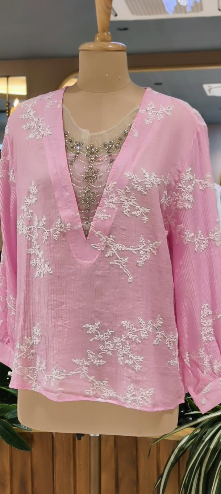 Floral Sheer Embroidery Syroski Stone Jewel Front Work Imported Western Top- 16172