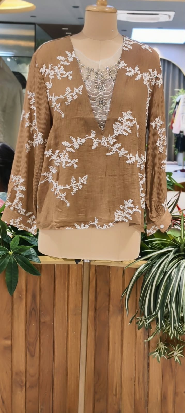 Floral Sheer Embroidery Syroski Stone Jewel Front Work Imported Western Top- 16172