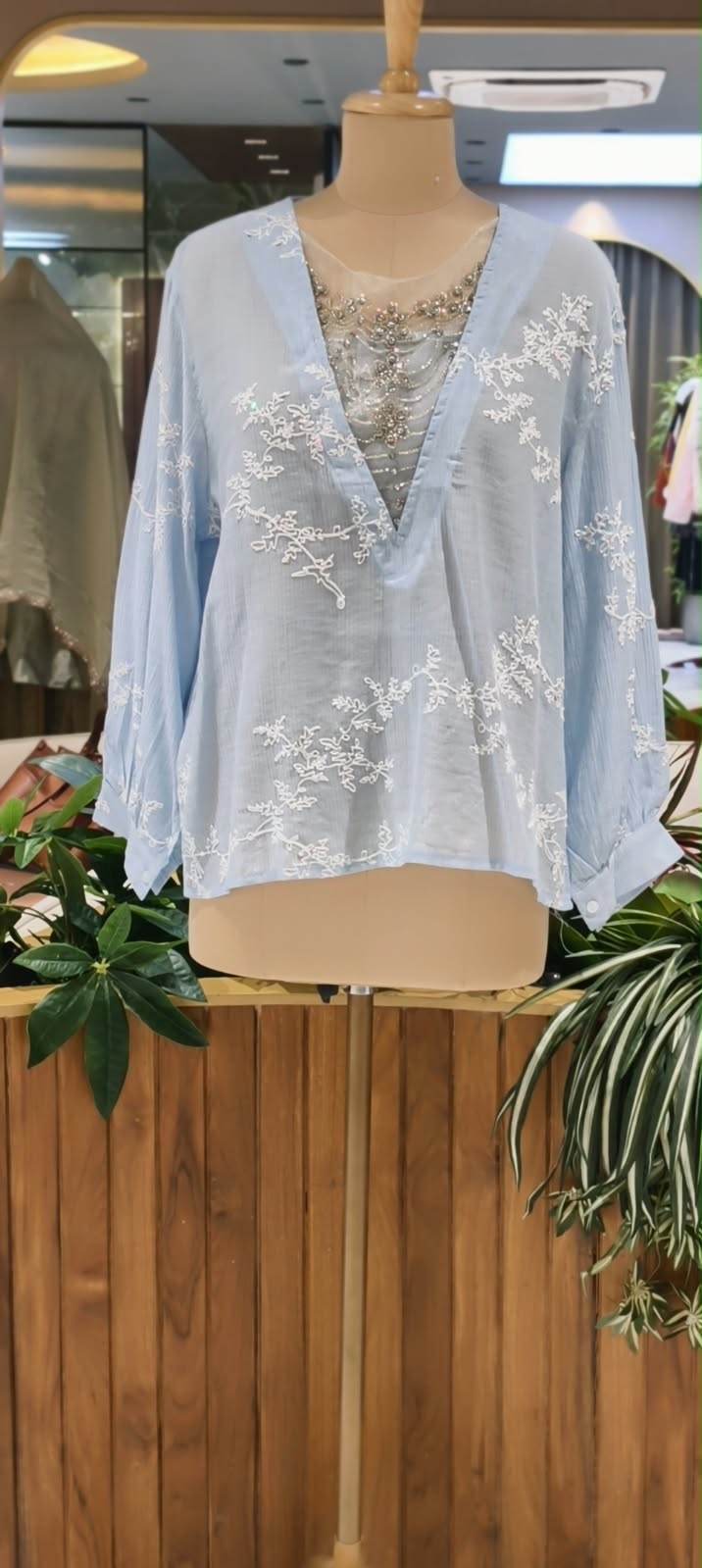 Floral Sheer Embroidery Syroski Stone Jewel Front Work Imported Western Top- 16172