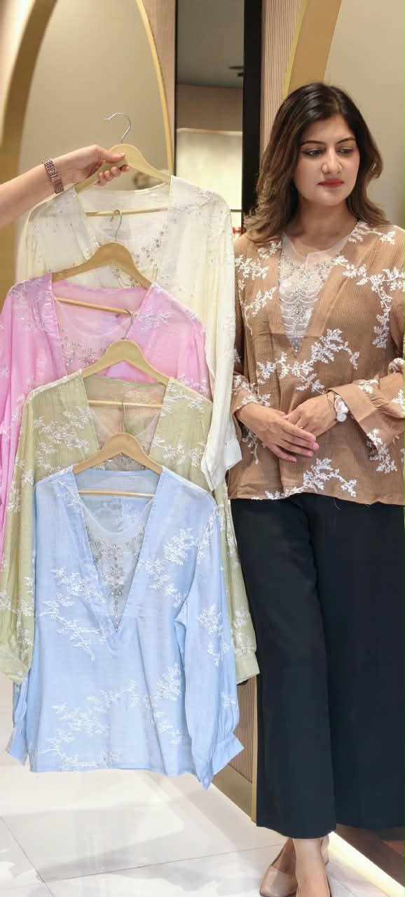 Floral Sheer Embroidery Syroski Stone Jewel Front Work Imported Western Top- 16172