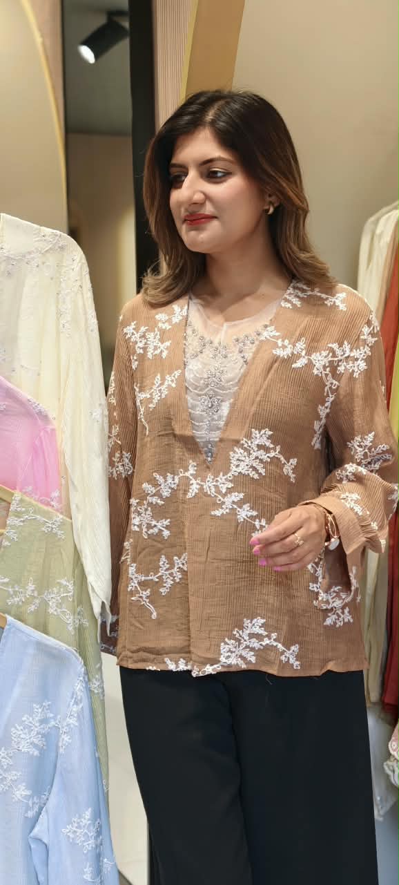 Floral Sheer Embroidery Syroski Stone Jewel Front Work Imported Western Top- 16172
