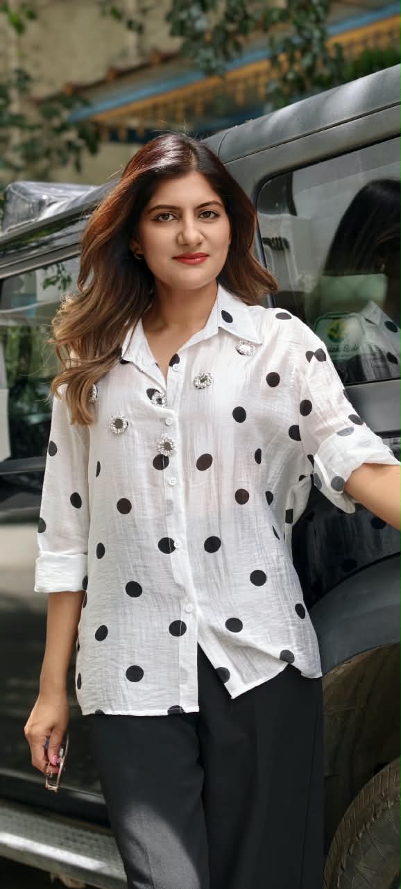 Cute Floral Beaded Stone Polka Prints Oversized Imported Western Shirt- 16189
