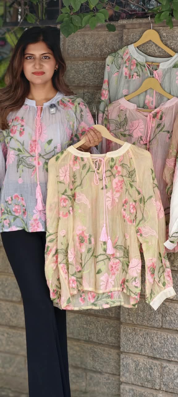 Front & Backside Cute Floral Intricate Embroidery Tassel Accent Imported Western Top- 16171