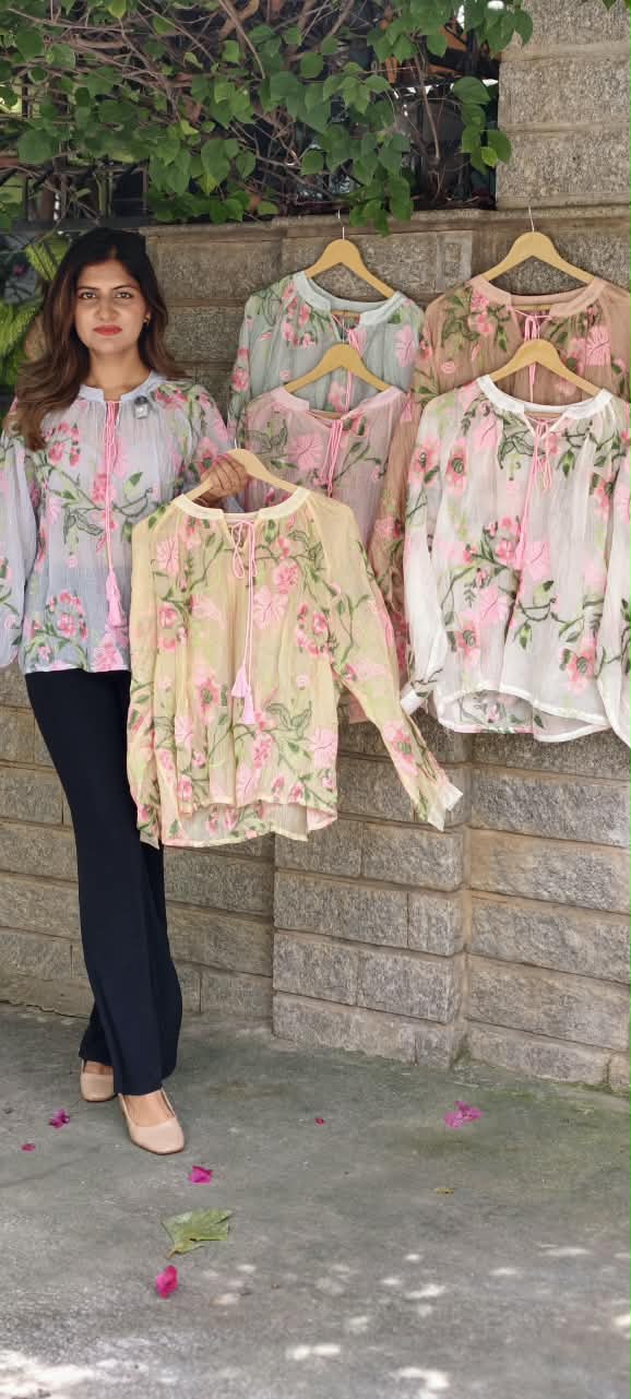 Front & Backside Cute Floral Intricate Embroidery Tassel Accent Imported Western Top- 16171