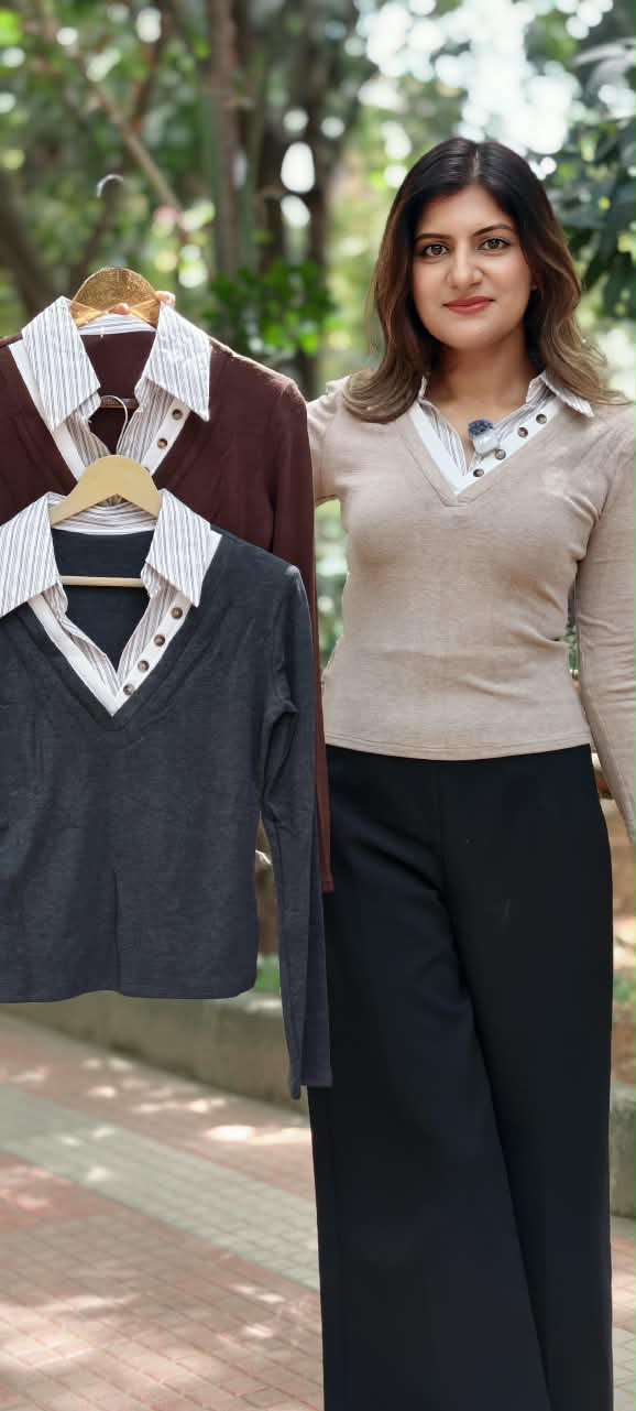 Stylish Button Accent Overlay Office Friendly Srtipe Look Western Imported Top- 16180