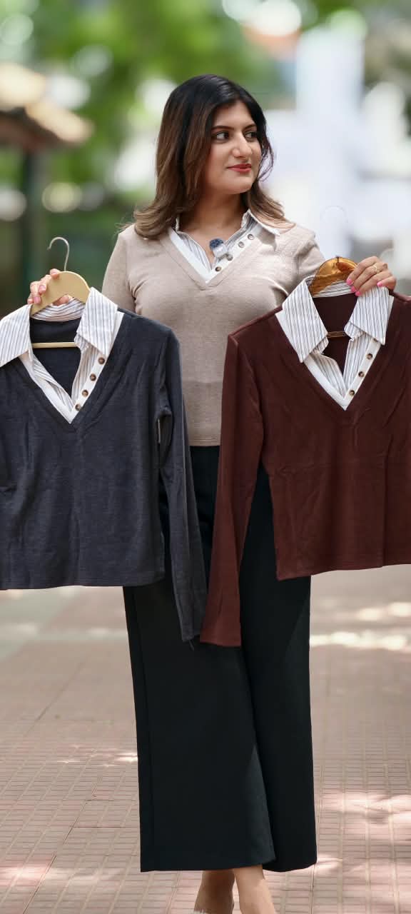 Stylish Button Accent Overlay Office Friendly Srtipe Look Western Imported Top- 16180
