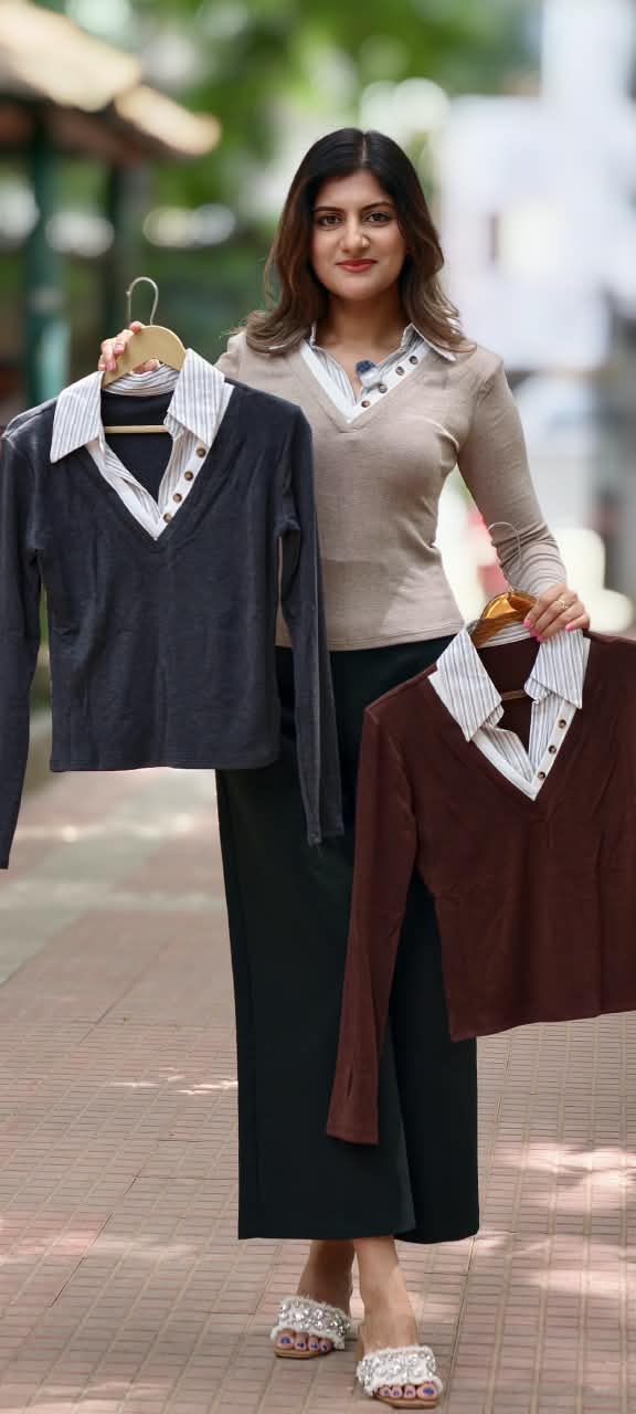 Stylish Button Accent Overlay Office Friendly Srtipe Look Western Imported Top- 16180