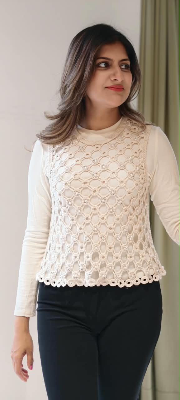 White Cream Crochet Vest Top Layered Over a Long-Sleeve Cream Base Top- 16177