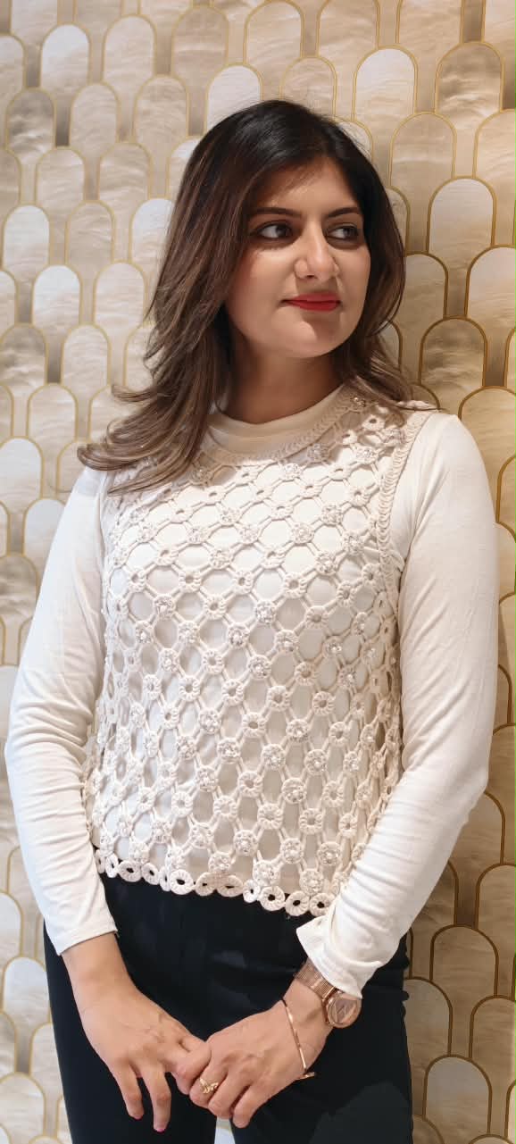 White Cream Crochet Vest Top Layered Over a Long-Sleeve Cream Base Top- 16177