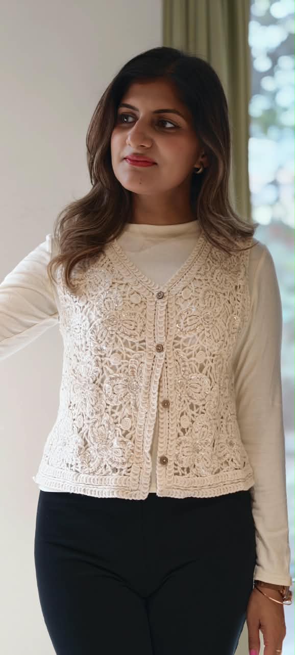 Floral Crochet Layered Style Outer With Full Base Imported Top- 16175