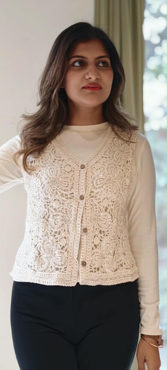 Floral Crochet Layered Style Outer With Full Base Imported Top- 16175