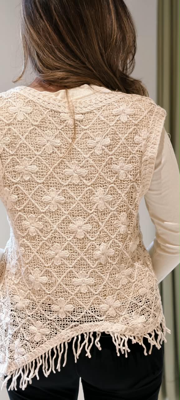 Off-White Lattice Floral Crochet Sleeveless Sweater Vest Top with Asymmetric Fringe Hem Top- 16175