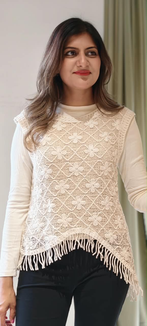 Off-White Lattice Floral Crochet Sleeveless Sweater Vest Top with Asymmetric Fringe Hem Top- 16175