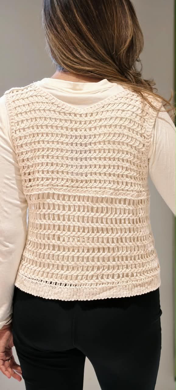 Off-White Floral Embroidered Button-Down Crochet Vest Top with Sequins and Pearl Accents- 16175
