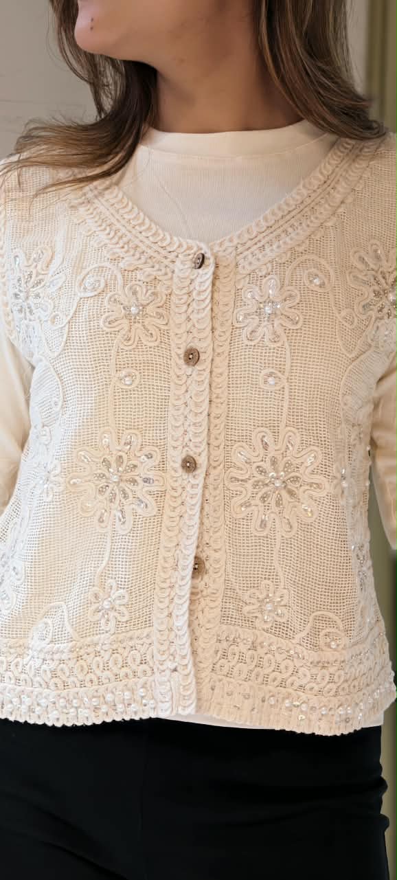 Off-White Floral Embroidered Button-Down Crochet Vest Top with Sequins and Pearl Accents- 16175