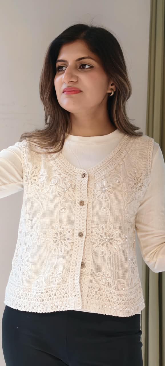 Off-White Floral Embroidered Button-Down Crochet Vest Top with Sequins and Pearl Accents- 16175