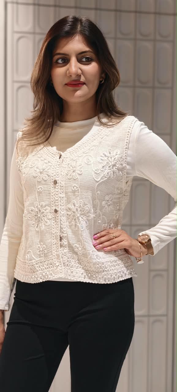 Off-White Floral Embroidered Button-Down Crochet Vest Top with Sequins and Pearl Accents- 16175