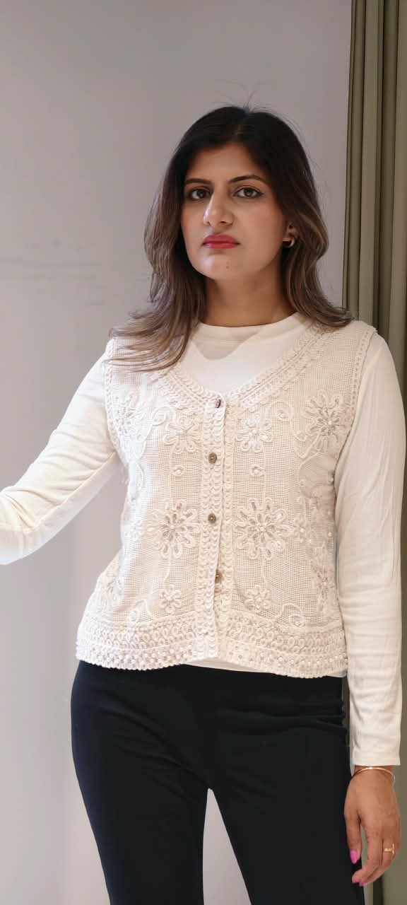 Off-White Floral Embroidered Button-Down Crochet Vest Top with Sequins and Pearl Accents- 16175
