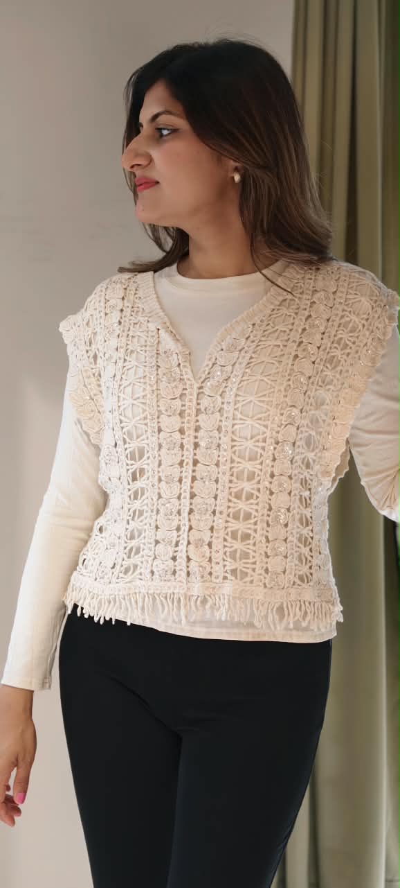 Off-White Crochet Knit V-Neck Sleeveless Vest Top with Sequin Detail and Fringe Hem- 16177