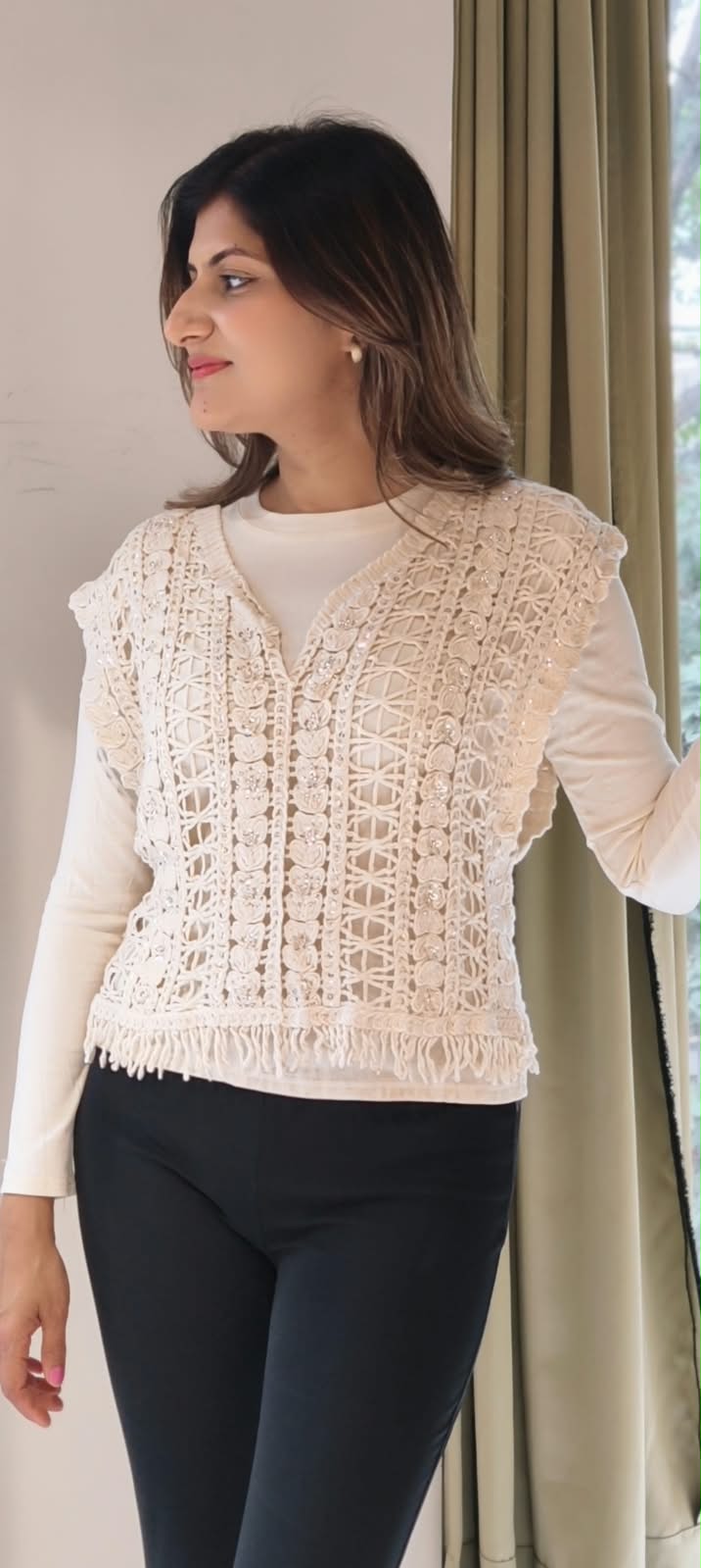 Off-White Crochet Knit V-Neck Sleeveless Vest Top with Sequin Detail and Fringe Hem- 16177