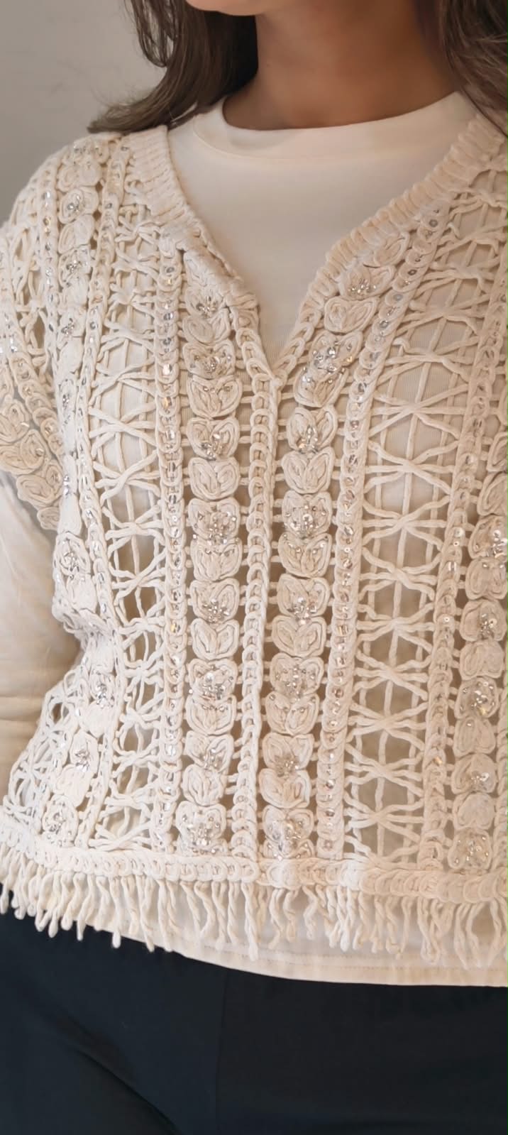 Off-White Crochet Knit V-Neck Sleeveless Vest Top with Sequin Detail and Fringe Hem- 16177
