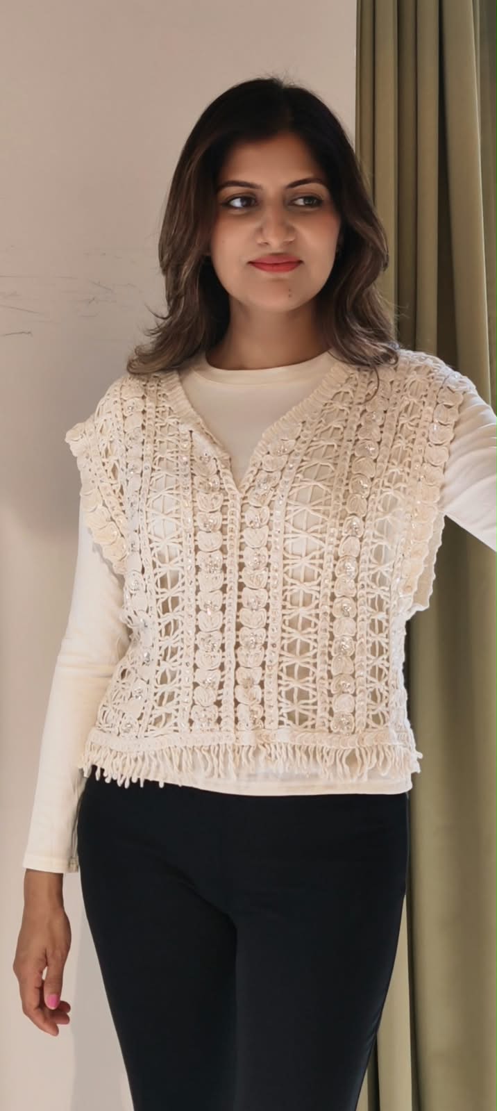 Off-White Crochet Knit V-Neck Sleeveless Vest Top with Sequin Detail and Fringe Hem- 16177