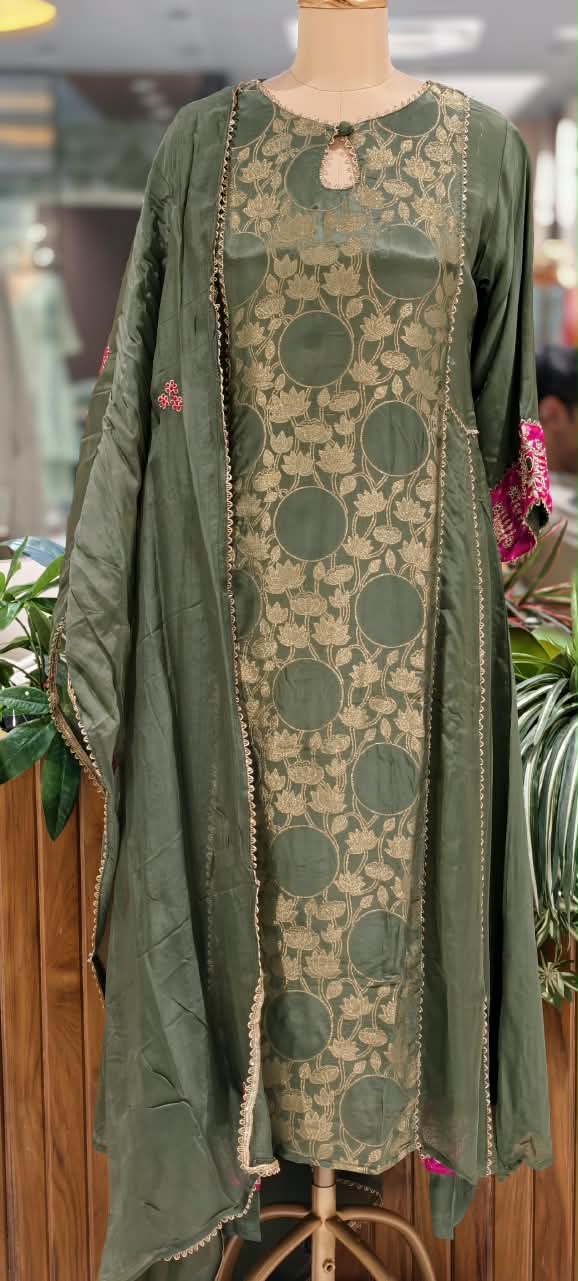 Brocade Touch Lace Detailing Side Panels A-Line Solid Full Suit Set With Dupatta With Pink Contrast- 16092