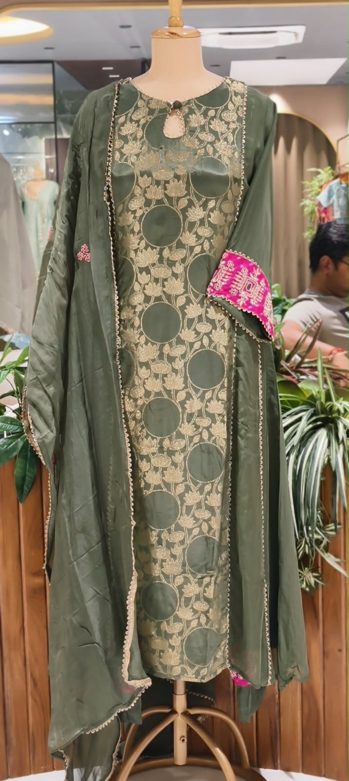 Brocade Touch Lace Detailing Side Panels A-Line Solid Full Suit Set With Dupatta With Pink Contrast- 16092