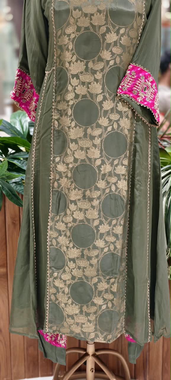 Brocade Touch Lace Detailing Side Panels A-Line Solid Full Suit Set With Dupatta With Pink Contrast- 16092