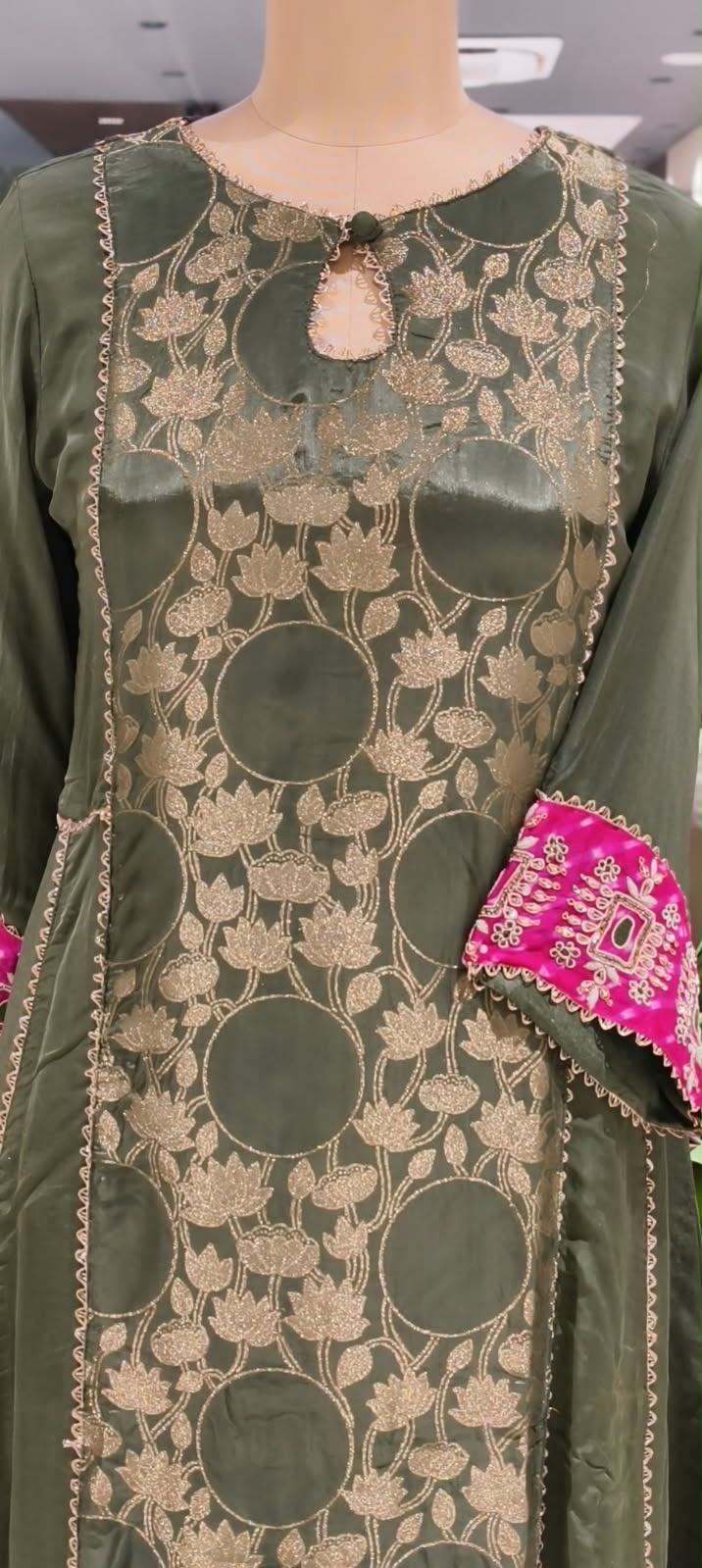 Brocade Touch Lace Detailing Side Panels A-Line Solid Full Suit Set With Dupatta With Pink Contrast- 16092
