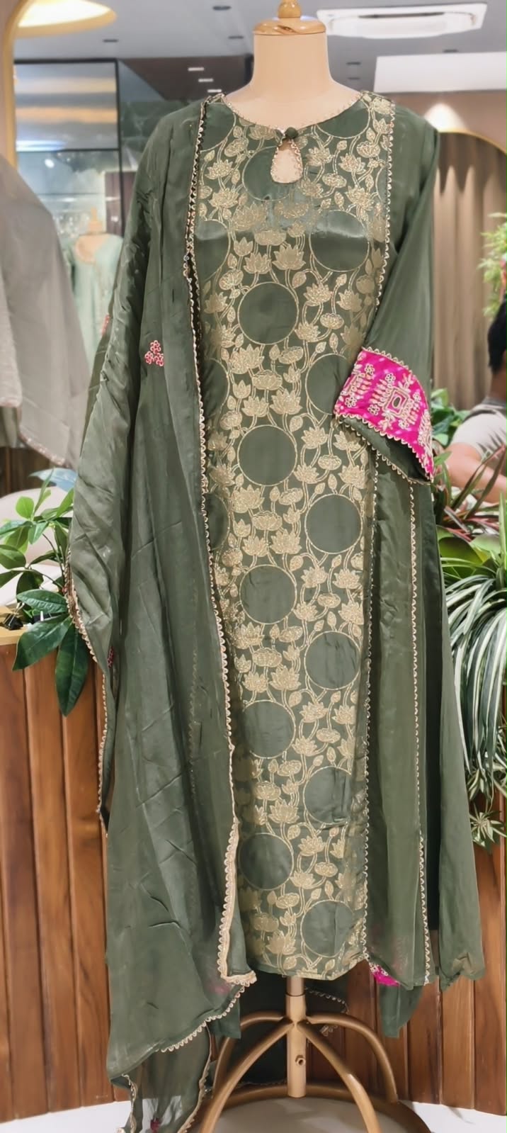Brocade Touch Lace Detailing Side Panels A-Line Solid Full Suit Set With Dupatta With Pink Contrast- 16092