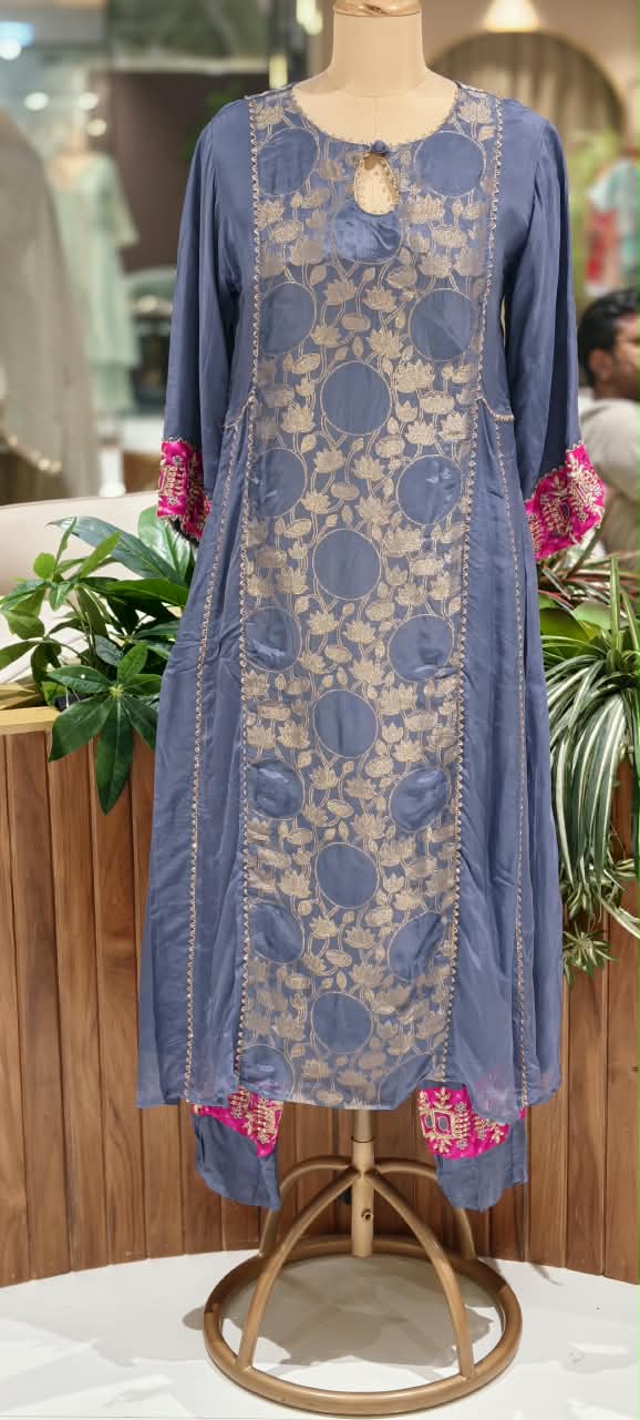 Brocade Touch Lace Detailing Side Panels A-Line Solid Full Suit Set With Dupatta With Pink Contrast- 16092