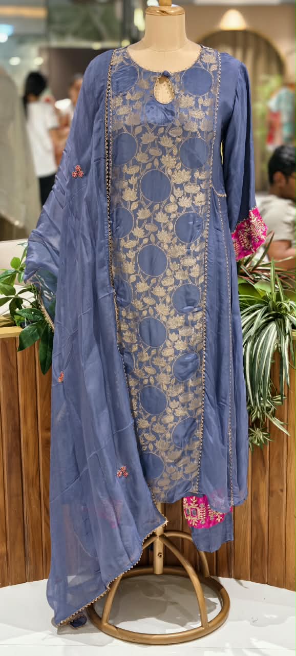 Brocade Touch Lace Detailing Side Panels A-Line Solid Full Suit Set With Dupatta With Pink Contrast- 16092