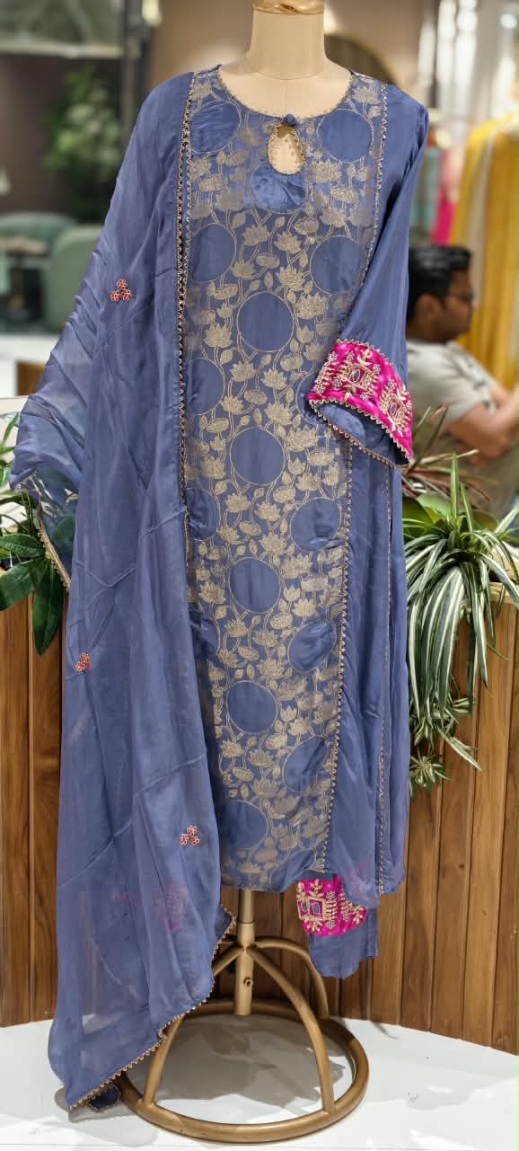 Brocade Touch Lace Detailing Side Panels A-Line Solid Full Suit Set With Dupatta With Pink Contrast- 16092