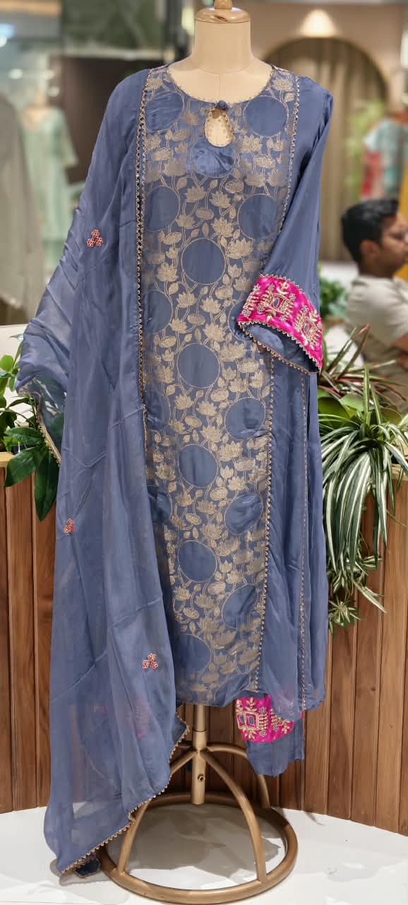 Brocade Touch Lace Detailing Side Panels A-Line Solid Full Suit Set With Dupatta With Pink Contrast- 16092