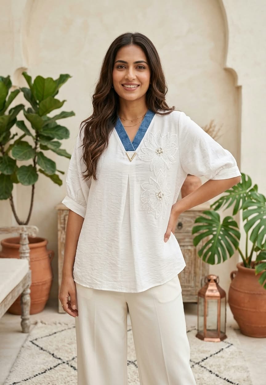 Floral Pearl Detailing Popped Over Sized Imported Western Top- 16147