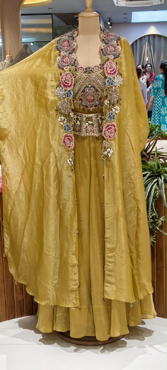 Designer Heavy Hand-Embroidered Rajasthani Tribal Inspired Glace Tissue Mustard Crop-Top With Outer & Flared Bottom- 14728