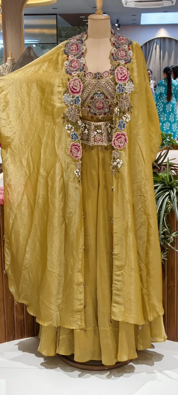 Designer Heavy Hand-Embroidered Rajasthani Tribal Inspired Glace Tissue Mustard Crop-Top With Outer & Flared Bottom- 14728