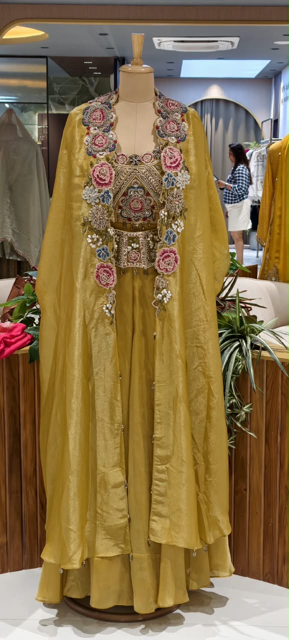 Designer Heavy Hand-Embroidered Rajasthani Tribal Inspired Glace Tissue Mustard Crop-Top With Outer & Flared Bottom- 14728