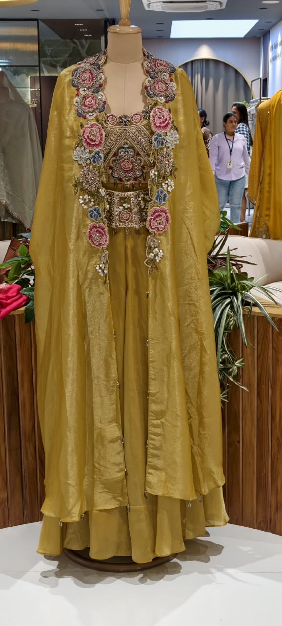 Designer Heavy Hand-Embroidered Rajasthani Tribal Inspired Glace Tissue Mustard Crop-Top With Outer & Flared Bottom- 14728