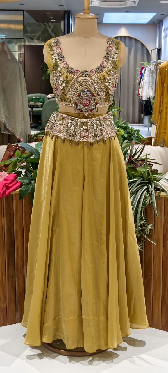 Designer Heavy Hand-Embroidered Rajasthani Tribal Inspired Glace Tissue Mustard Crop-Top With Outer & Flared Bottom- 14728