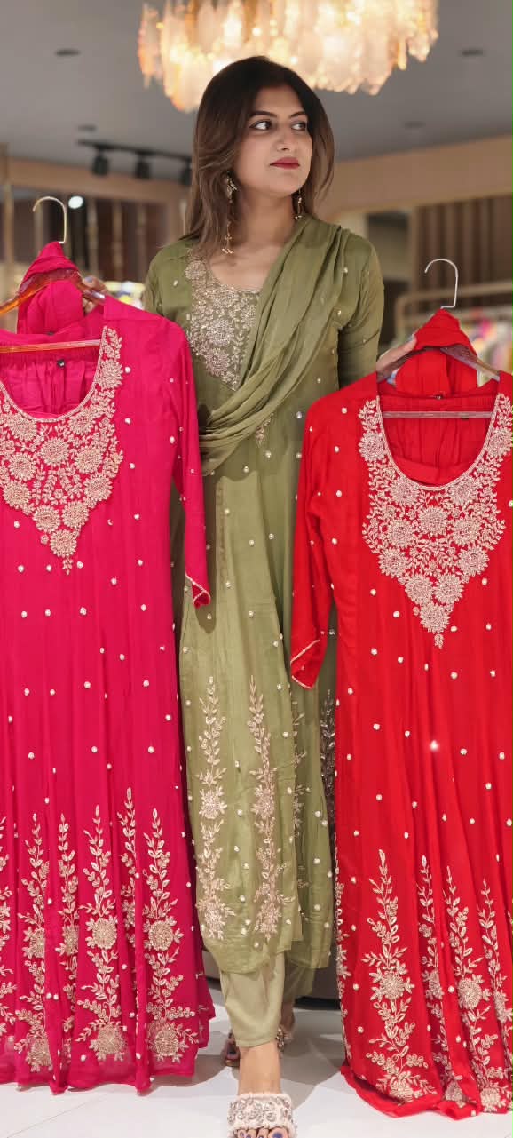 Heavy Zardozi Blend Embroidery Work Anarkali Suit Set with Pearl/Sequins Booti Work In Chinon Fabric- 16235