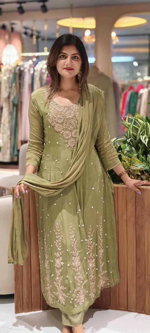 Heavy Zardozi Blend Embroidery Work Anarkali Suit Set with Pearl/Sequins Booti Work In Chinon Fabric- 16235