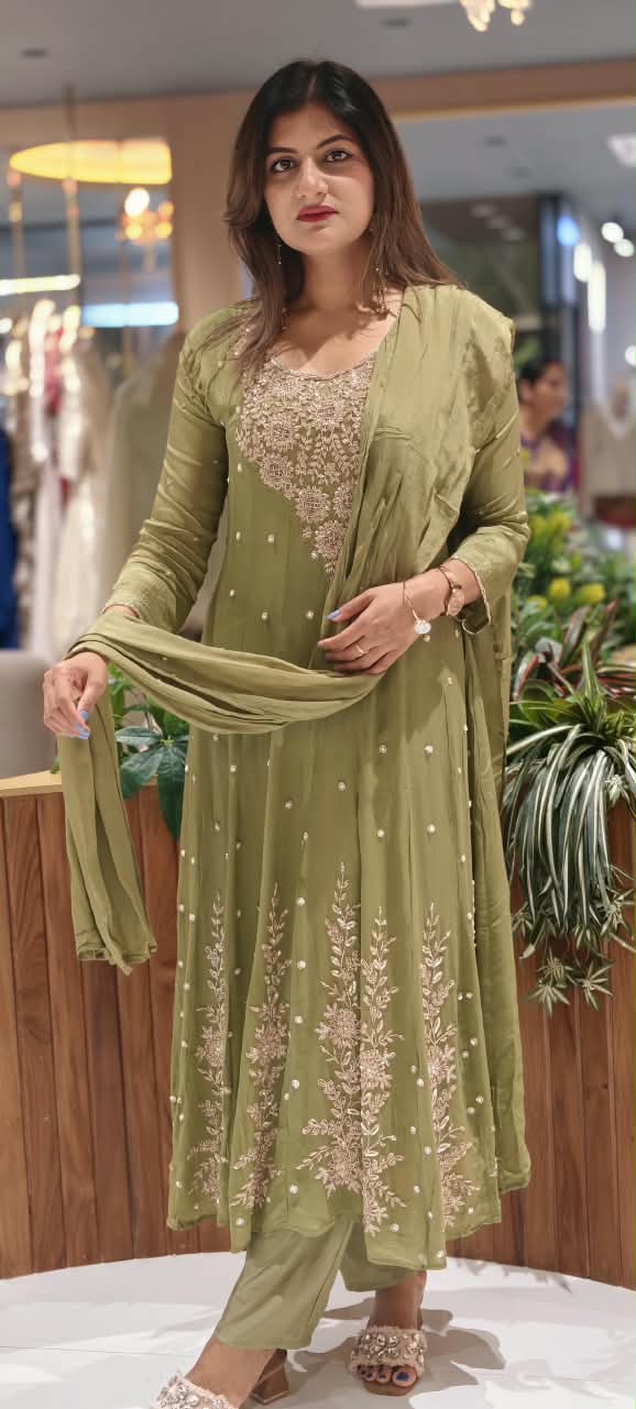 Heavy Zardozi Blend Embroidery Work Anarkali Suit Set with Pearl/Sequins Booti Work In Chinon Fabric- 16235
