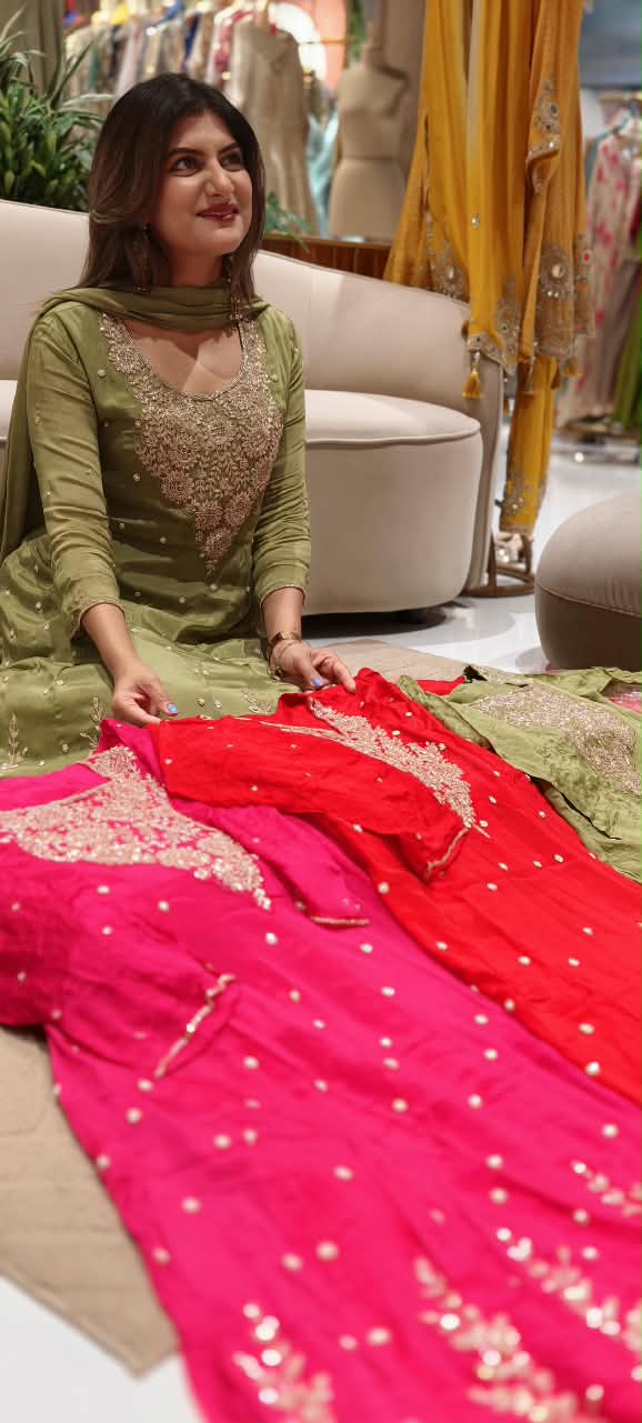 Heavy Zardozi Blend Embroidery Work Anarkali Suit Set with Pearl/Sequins Booti Work In Chinon Fabric- 16235